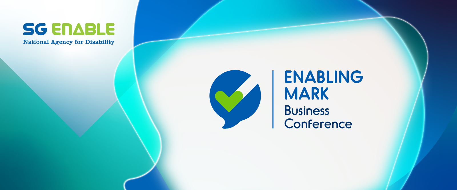 SG Enable, National Agency for Disability banner featuring the Enabling Mark Business Conference logo on a blue and teal abstract background.